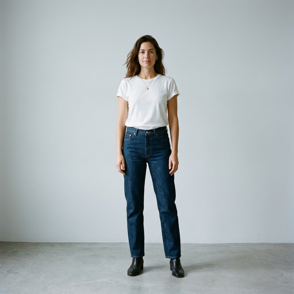 Modelo de demonstração com camiseta branca e calça jeans